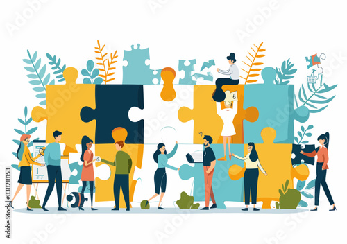 Teamwork Puzzle Concept with People Collaborating on Problem Solving and Finding Solutions, Business Strategy Planning, Vector Illustration, Minimalistic Style, Daytime Setting, Team Unity