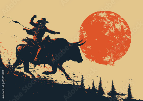 Bullish Market Businessman Riding Bull under Intense Sunset Minimalistic Business Illustration