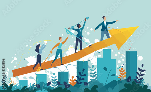 Business Team Raising Arrow for Profit Growth Concept, Teamwork and Cooperation for Success in Business, Minimalistic Vector Illustration