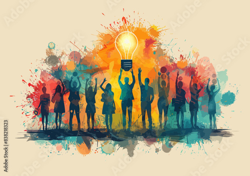 Collaborative Creativity: Teamwork and Innovation Business Illustration with Diverse People Uniting to Lift Lightbulb Idea in Vibrant Splash Art Style