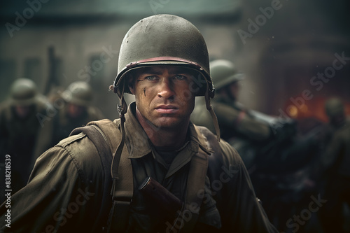 An American soldier stands during the Second World War against the backdrop of the city and his fellow soldiers.