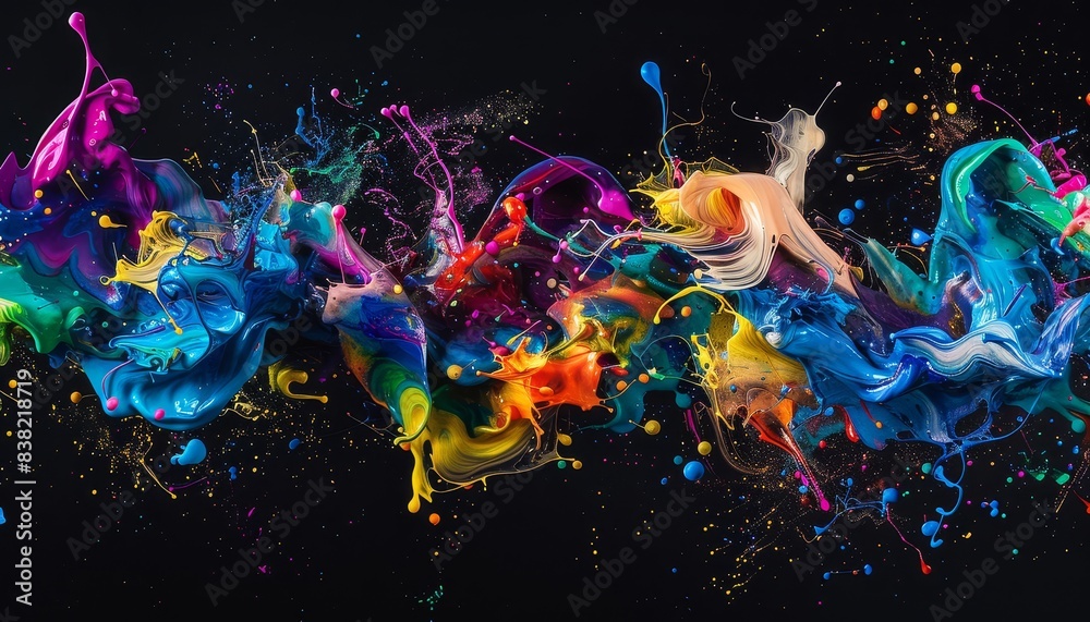 Vibrant Explosion: Dynamic Paint Splashes in Abstract Art on Black Canvas Vibrant Explosion: Dynamic Paint Splashes in Abstract Art on Black Canvas