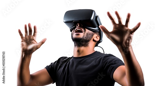Man Experiencing Virtual Reality with VR Headset, Immersed in Digital World, Isolated on White Background, Wearing Black T-Shirt, Expressing Excitement and Amazement © Photo shop for you