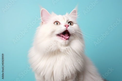Portrait of a happy ragamuffin cat while standing against solid pastel color wall
