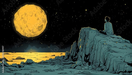 Illustrate a captivating scene of a stranded astronaut gazing up at a double moonrise on the alien planet, rendered in a striking handdrawn style that evokes wonder and isolation
