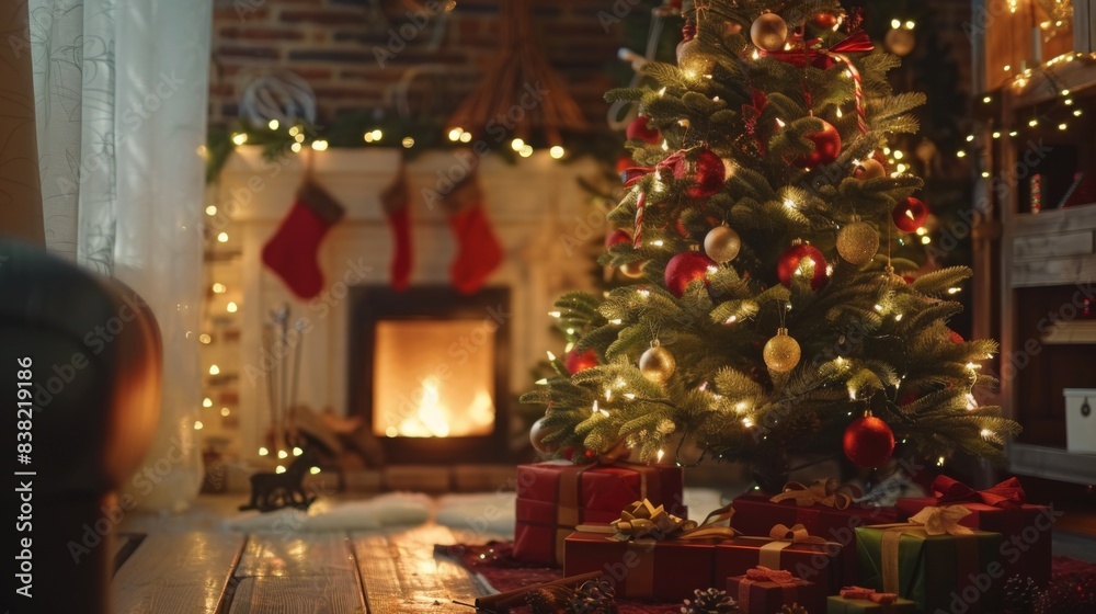 Interior christmas. magic glowing tree, fireplace, gifts. Interior christmas. magic glowing tree, fireplace, gifts.