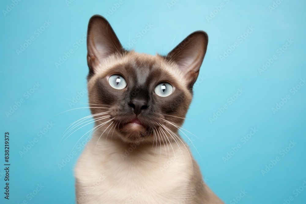 Portrait of a smiling tonkinese cat in front of solid pastel color wall