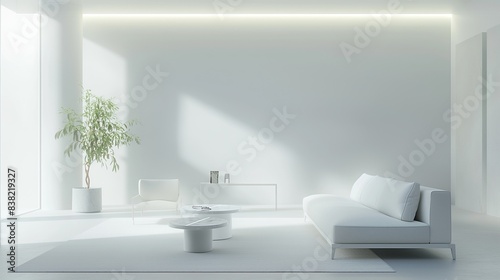 A minimalist AI-designed living room  where smart furniture seamlessly adjusts to the occupants  needs  bathed in soft white light.