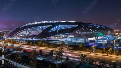 The SoFi Stadium illuminated at night, with its modern design and vibrant atmosphere, set in the heart of Los Angeles, showcasing architectural innovation. 