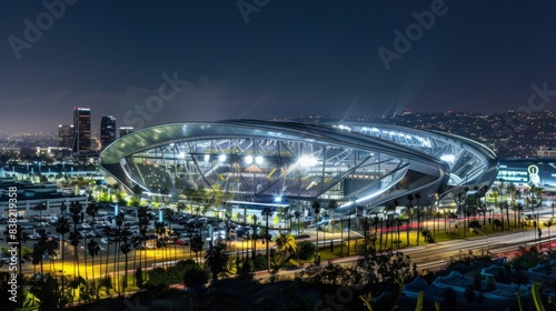 The SoFi Stadium illuminated at night, with its modern design and vibrant atmosphere, set in the heart of Los Angeles, showcasing architectural innovation.