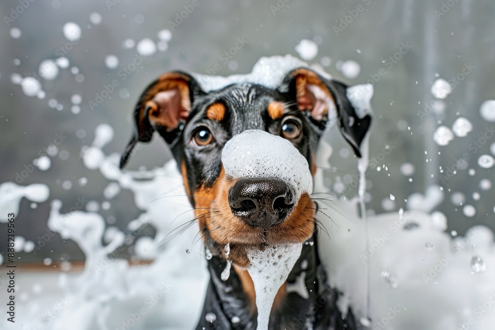 Happy and playful cute dog playing in a foam bath with foam on his face, photography style Happy and playful cute dog playing in a foam bath with foam on his face, photography style