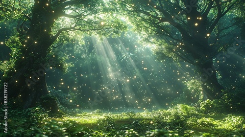 An ethereal forest clearing, where rays of sunlight illuminate floating particles, creating a dreamlike fusion of the tangible and the atomic. shiny, Minimal and Simple,