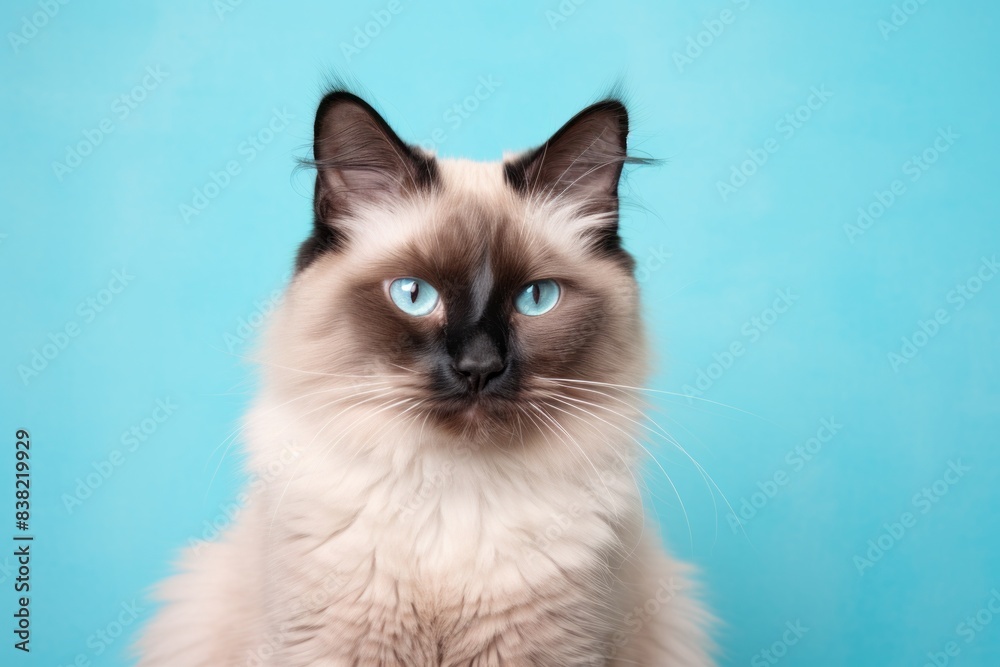 Portrait of a happy balinese cat on solid pastel color wall