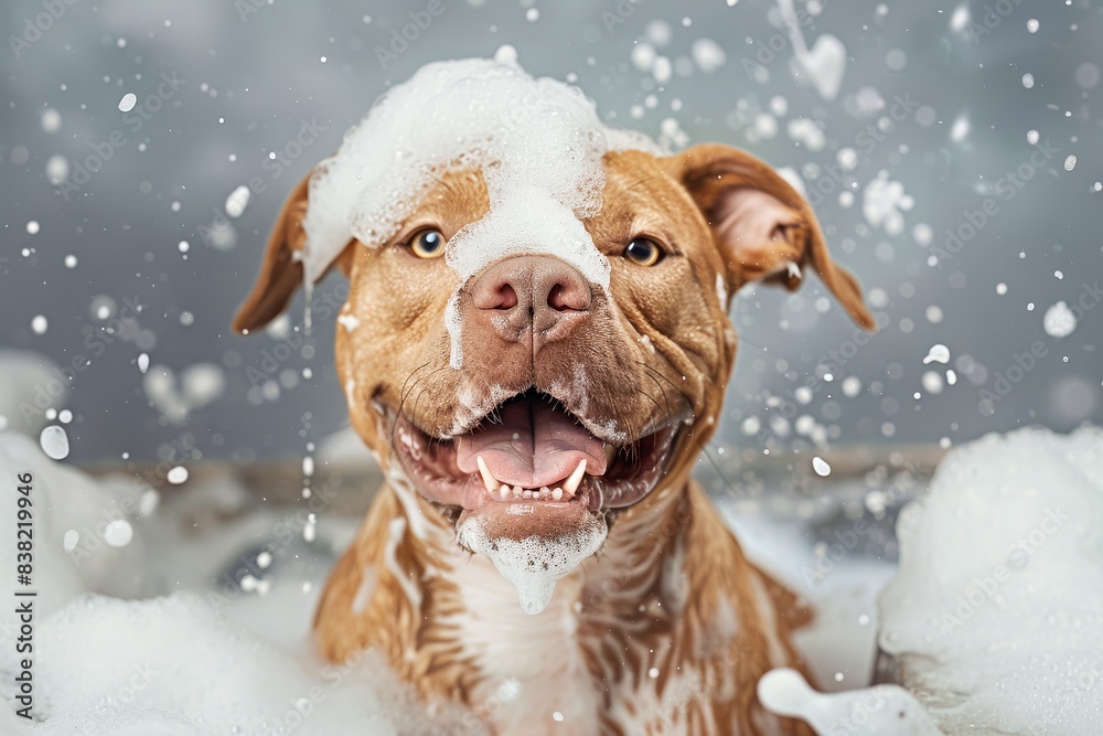 Happy and playful cute dog playing in a foam bath with foam on his face, photography style Happy and playful cute dog playing in a foam bath with foam on his face, photography style