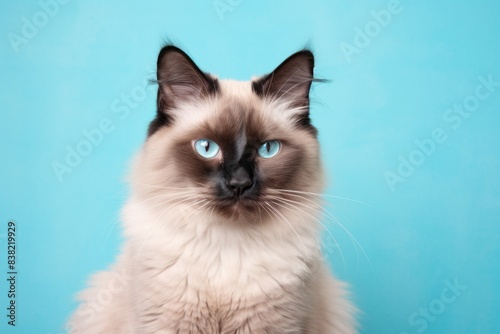 Portrait of a happy balinese cat on solid pastel color wall