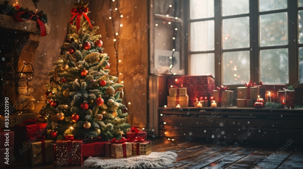 Interior christmas. magic glowing tree, fireplace, gifts. Interior christmas. magic glowing tree, fireplace, gifts.