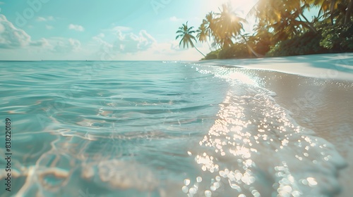 Beautiful sunlit tropical beach with clear turquoise waters gently lapping against the shore, framed by palm trees and a bright sky.