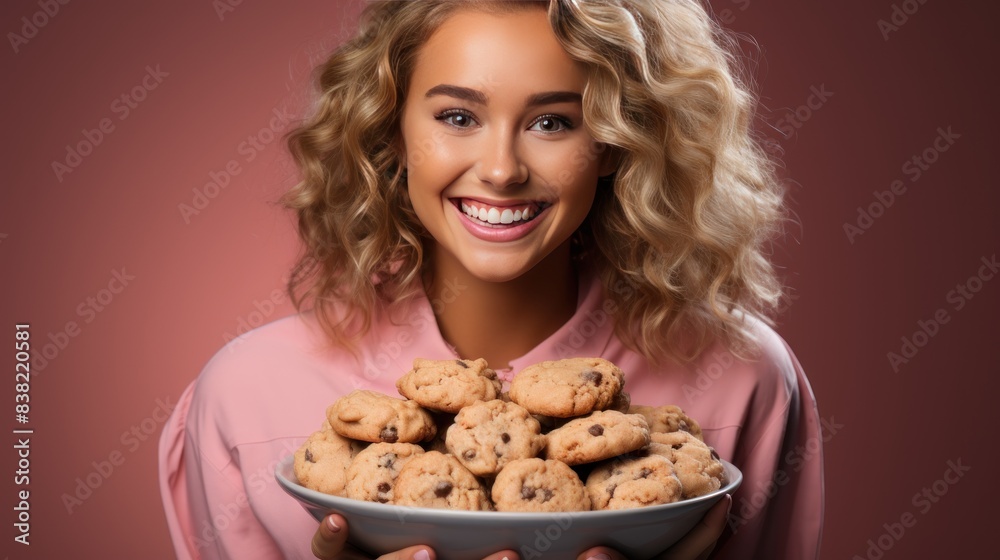 woman with chocolate chip cookie woman with chocolate chip cookie