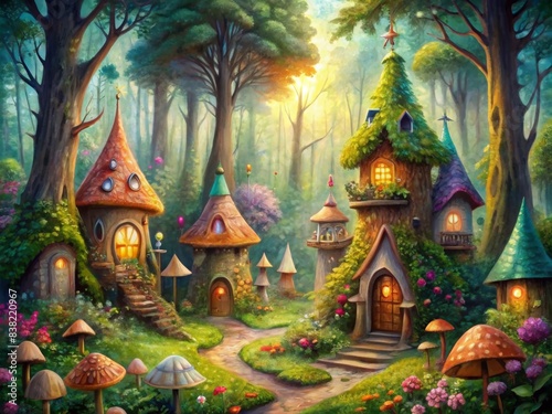 Watercolor of whimsical fairy houses in a magical forest setting, watercolor,fairy houses, cute, fantasy, magical, forest, whimsical, hand painted, artistic, enchanting, dreamy, fairytale © artsakon