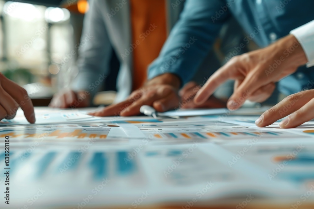 A group of people are looking at a table with a lot of graphs and charts A group of people are looking at a table with a lot of graphs and charts