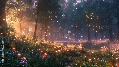 An enchanting scene of a forest at dawn, where the morning mist is filled with dancing particles, symbolizing the dawn of new scientific discoveries. shiny, Minimal and Simple,