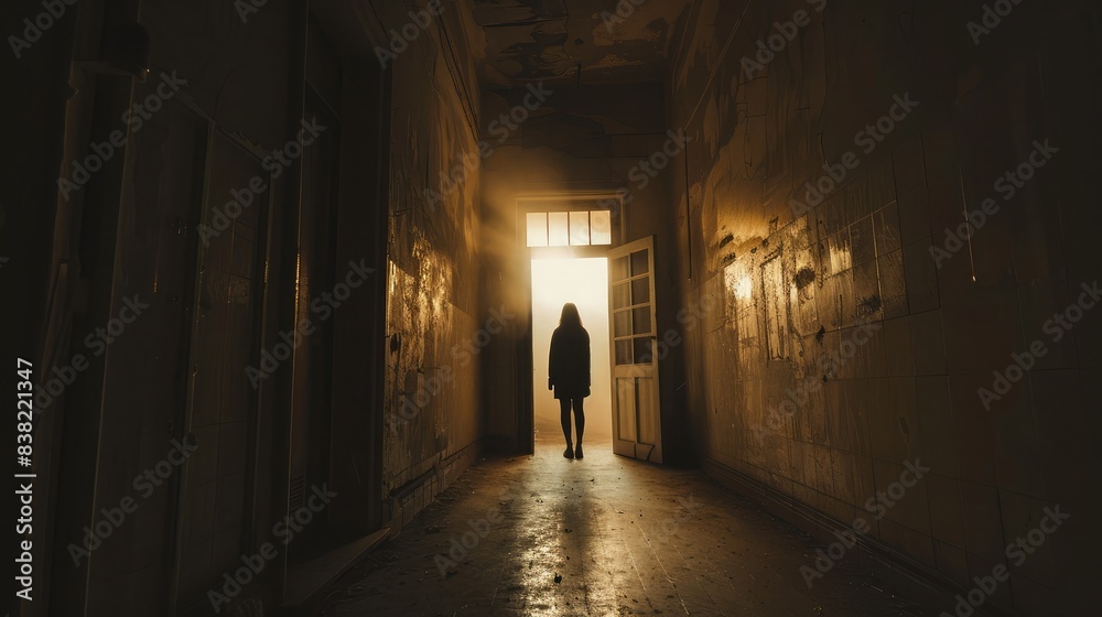 Silhouette of a person standing in a dark hallway with an open door at the end, light flooding in from outside