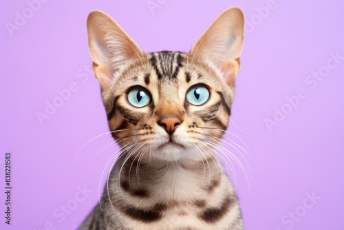 Portrait of a funny ocicat cat isolated in solid pastel color wall