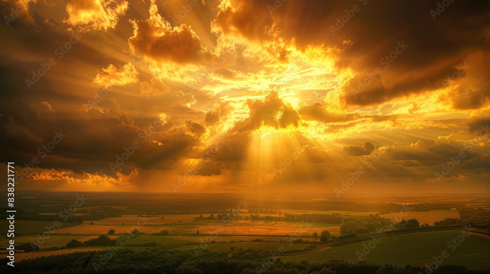 Obraz premium Spectacular God rays emerging from behind dark storm clouds, illuminating a vast countryside with a golden glow