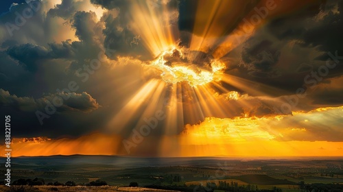 Spectacular God rays emerging from behind dark storm clouds, illuminating a vast countryside with a golden glow