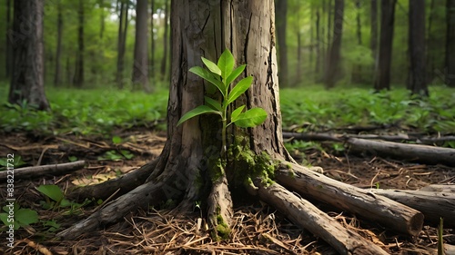 Young tree emerging from an old tree stump, symbolizing renewal and growth.