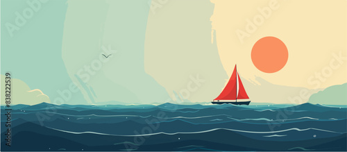 A sailboat with red sails against a seascape background.