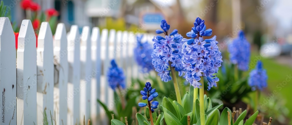 Obraz premium Hyacinths by a Fence Hyacinths growing next to a white picket fence, with a quaint neighborhood backdrop