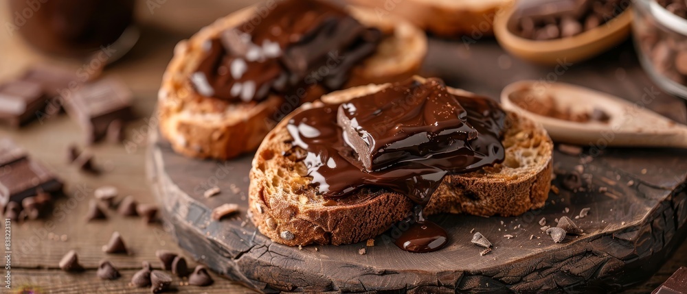 Delicious slices of bread topped with rich, melted dark chocolate, perfect treat for breakfast or dessert. Rustic wooden background. Delicious slices of bread topped with rich, melted dark chocolate, perfect treat for breakfast or dessert. Rustic wooden background.