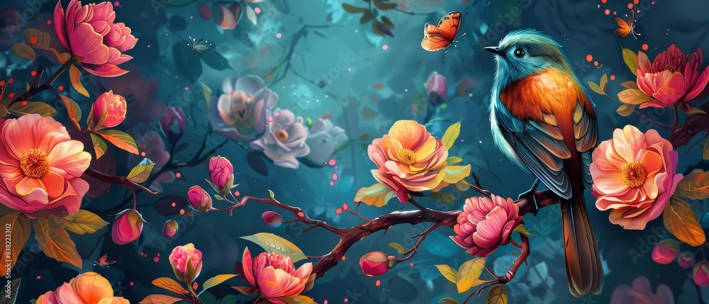 Vibrant digital painting of a colorful bird perched on blooming branches with pink flowers in a mystical, dreamlike environment. Vibrant digital painting of a colorful bird perched on blooming branches with pink flowers in a mystical, dreamlike environment.