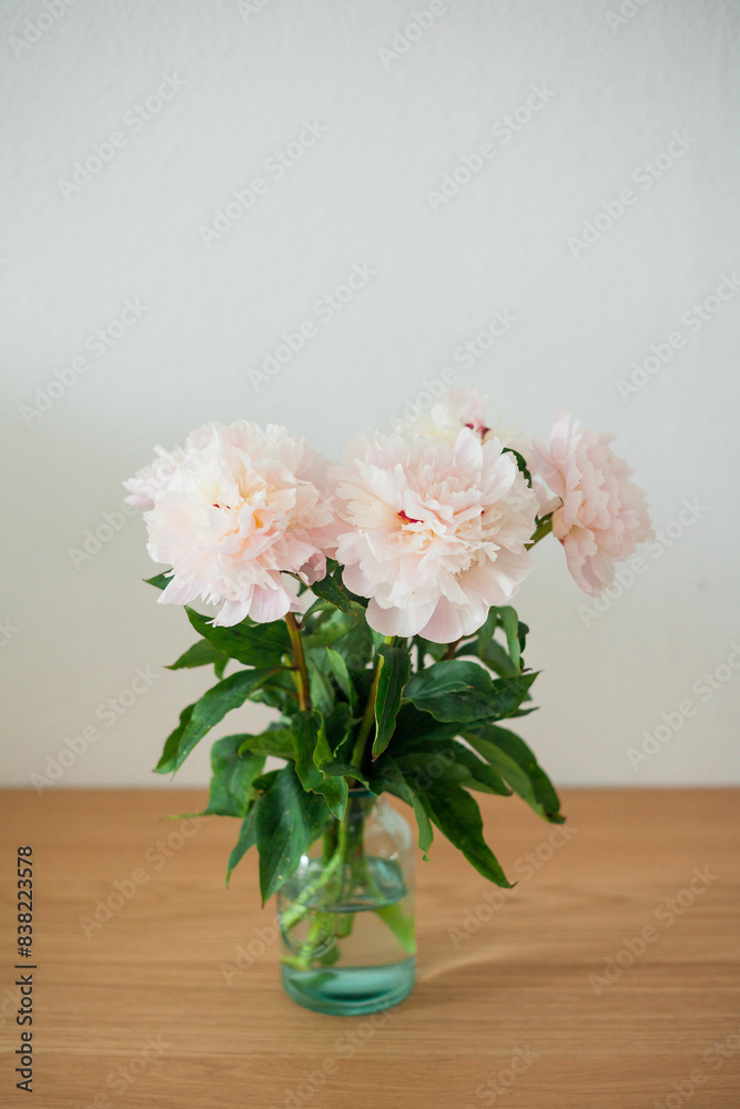 custom made wallpaper toronto digitalBouquet of pink peonies in glass vase on wooden chest of drawers on white background. Spring flowers.