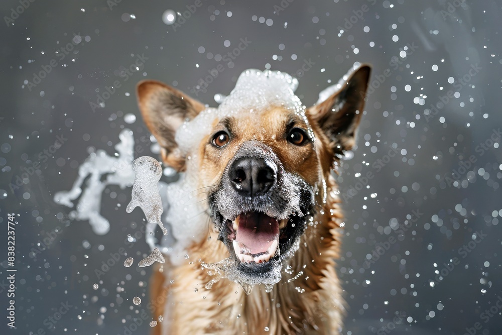 Happy and playful cute dog playing in a foam bath with foam on his face, photography style Happy and playful cute dog playing in a foam bath with foam on his face, photography style