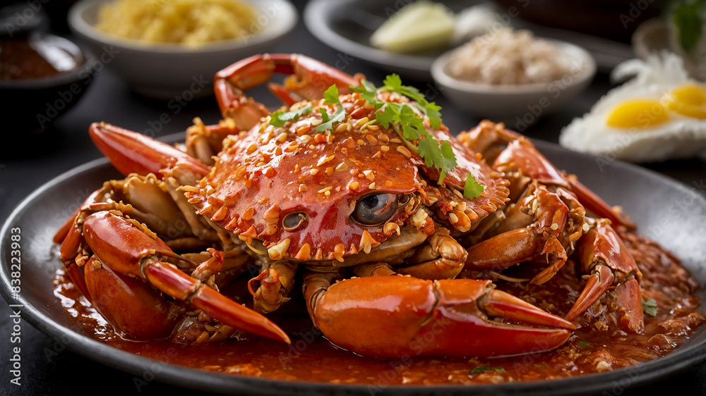 Chili Crab popular dish in Singapore featuring whole crabs stir-fried in a semi-thick, sweet and savory tomato and chili-based sauce Chili Crab popular dish in Singapore featuring whole crabs stir-fried in a semi-thick, sweet and savory tomato and chili-based sauce