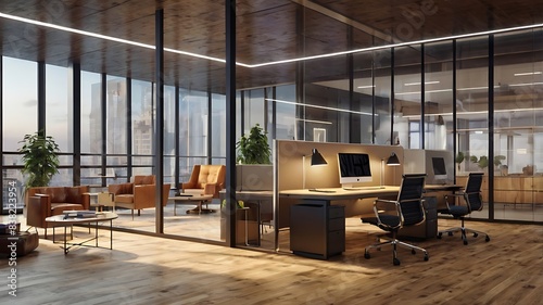Office interior featuring glass walls, wooden flooring, and stylish furniture, all beautifully illuminated to highlight the concept of innovative workspace design.