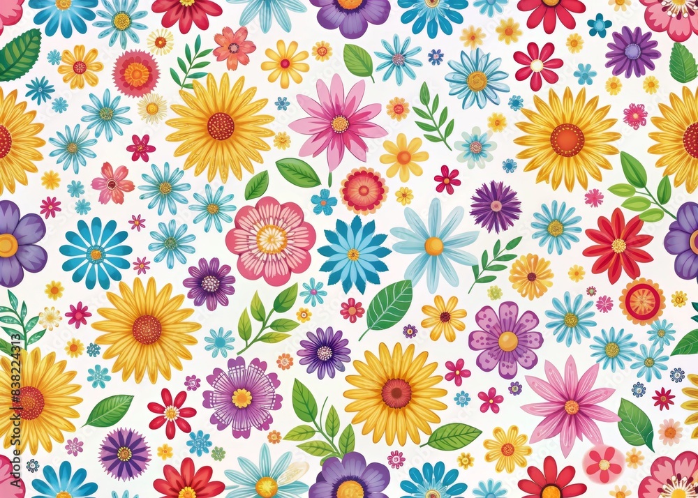 Seamless pattern with colorful flowers on a white background, floral, repetitive, design, wallpaper, background, botanical, seamless, nature, garden, decorative, beautiful, summer, bloom