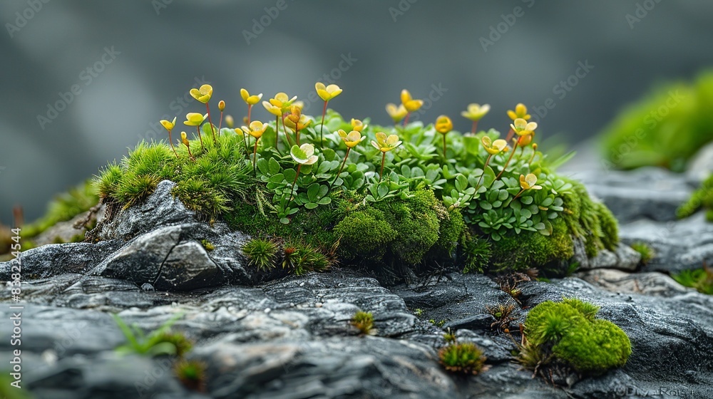 A macro image of moss on a rock, with the tiny structures intertwined with the pathways of electrons and neutrons, highlighting the hidden beauty of the microscopic world. shiny, Minimal and Simple,