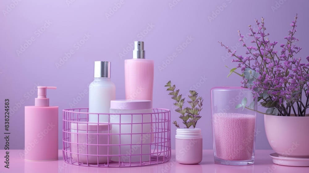 Organized Collection of Pastel Beauty Products in a Basket Organized Collection of Pastel Beauty Products in a Basket