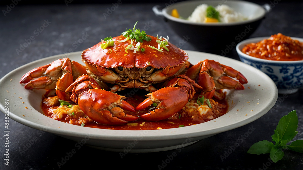 Chili Crab popular dish in Singapore featuring whole crabs stir-fried in a semi-thick, sweet and savory tomato and chili-based sauce Chili Crab popular dish in Singapore featuring whole crabs stir-fried in a semi-thick, sweet and savory tomato and chili-based sauce