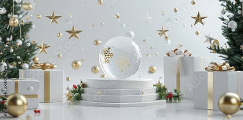 Snowy winter scene with festive ornaments and baubles. Isolated empty glass snow ball on white background. 3d render. Winter holiday wallpaper. photo