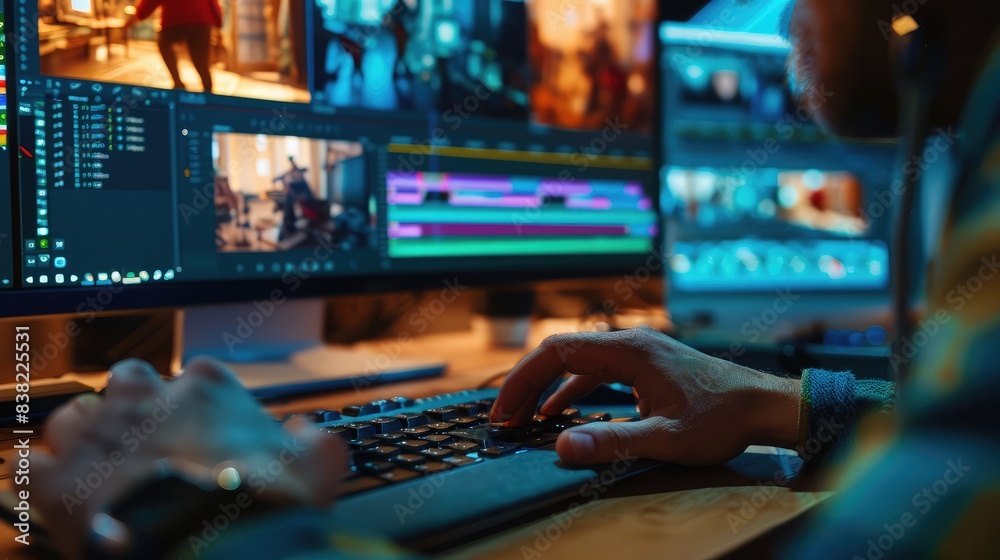 Video editor's hands working on a timeline in editing software, trimming and rearranging clips to craft a compelling narrative