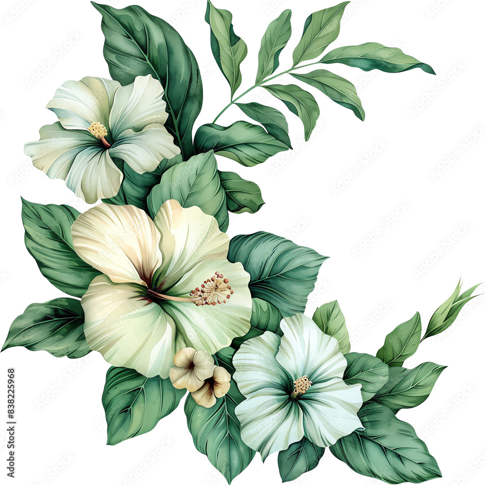 A delicate arrangement of white hibiscus flowers with lush green leaves. Perfect for floral designs and tropical themes. A delicate arrangement of white hibiscus flowers with lush green leaves. Perfect for floral designs and tropical themes.