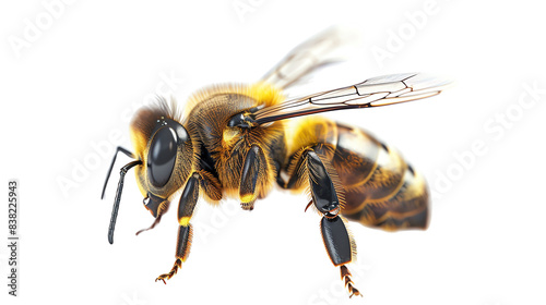 Close-up of a honeybee with wings outstretched. The bee has a black and yellow striped abdomen.