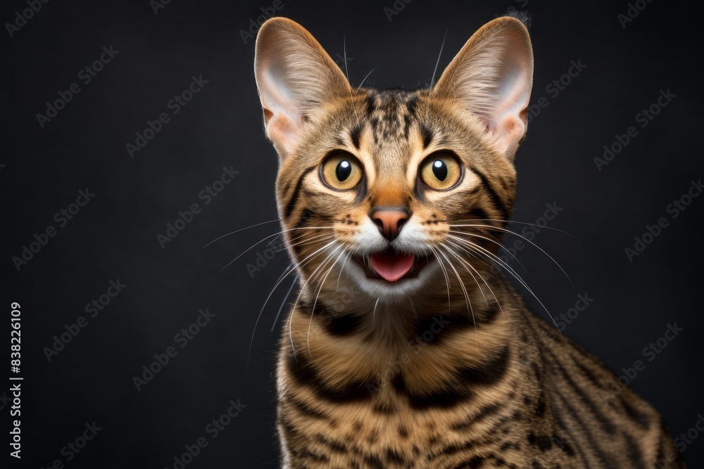 Portrait of a happy savannah cat over blank studio backdrop