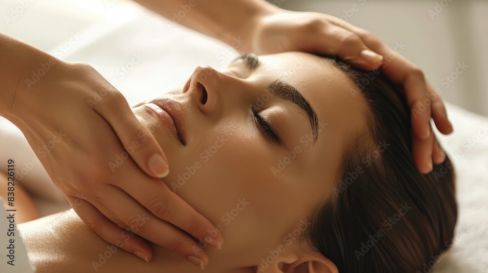 Woman receiving a forehead massage at a spa, promoting relaxation and stress relief