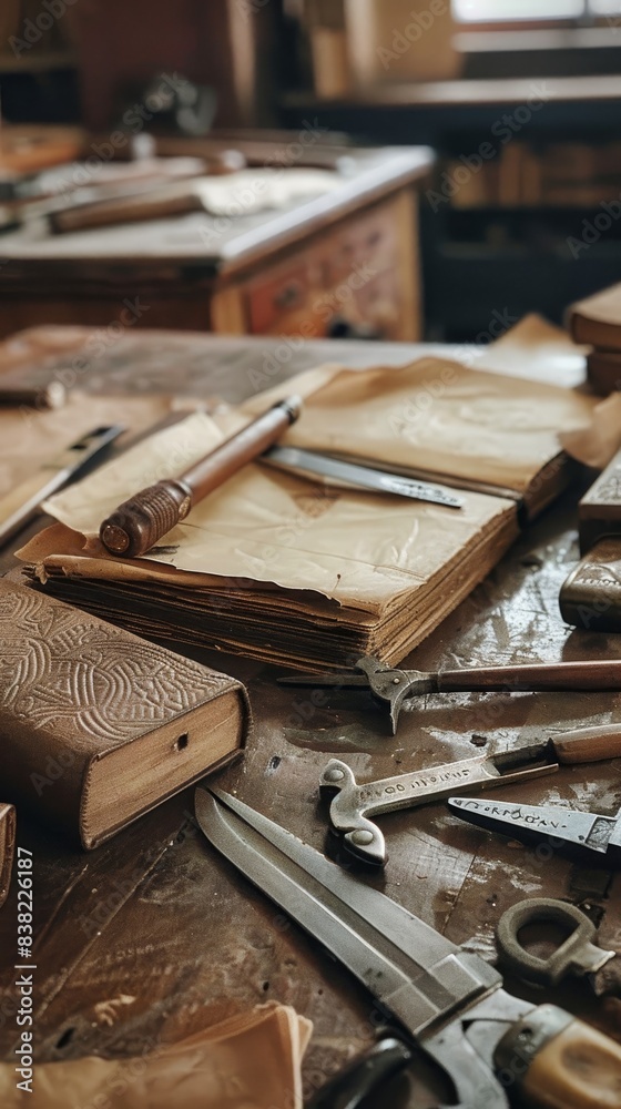 Historic bookbinding workshop with tools and partially restored books generated by AI Historic bookbinding workshop with tools and partially restored books generated by AI