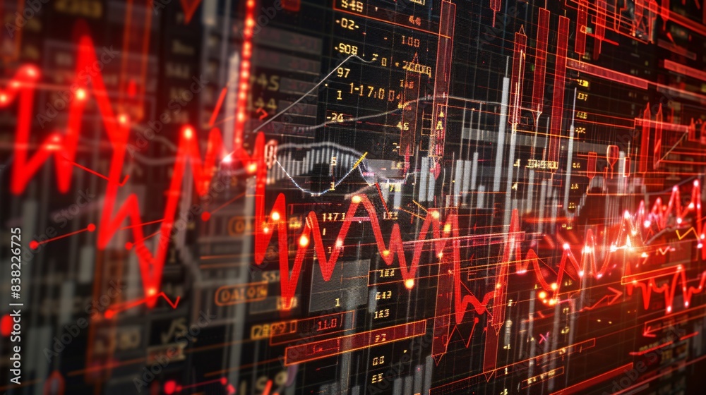 Obraz premium A digital illustration of a declining stock market index with arrows pointing downwards